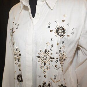 Springfield White Cotton Beaded Metallic  Embellished Front Button Shirt M